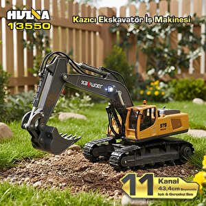 Huina Kaliwo 13550 1/18 11ch Kazıcı Ekskavatör İş Makinesi İnşaat Uzaktan Kumandalı Rc Model Metal Kepçeli Sarı - 2.4ghz Gerçekçi