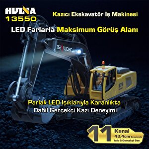 Huina Kaliwo 13550 1/18 11ch Kazıcı Ekskavatör İş Makinesi İnşaat Uzaktan Kumandalı Rc Model Metal Kepçeli Sarı - 2.4ghz Gerçekçi