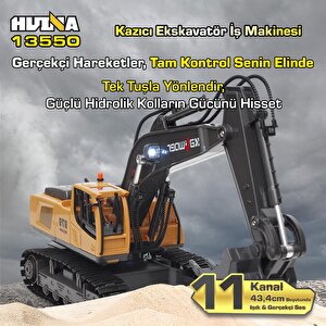 Huina Kaliwo 13550 1/18 11ch Kazıcı Ekskavatör İş Makinesi İnşaat Uzaktan Kumandalı Rc Model Metal Kepçeli Sarı - 2.4ghz Gerçekçi