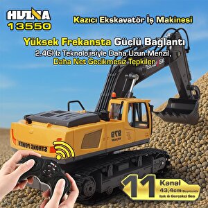 Huina Kaliwo 13550 1/18 11ch Kazıcı Ekskavatör İş Makinesi İnşaat Uzaktan Kumandalı Rc Model Metal Kepçeli Sarı - 2.4ghz Gerçekçi