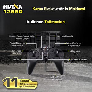 Huina Kaliwo 13550 1/18 11ch Kazıcı Ekskavatör İş Makinesi İnşaat Uzaktan Kumandalı Rc Model Metal Kepçeli Sarı - 2.4ghz Gerçekçi