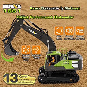 Huina 1661 1/18 13ch Kazıcı Ekskavatör İş Makinesi İnşaat Uzaktan Kumandalı Rc Model Metal Kepçeli - 2.4ghz Gerçekçi Similasyon Se