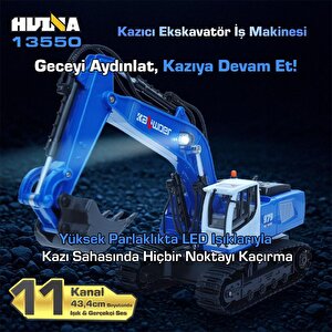 Huina Kaliwo 13550 1/18 11ch Kazıcı Ekskavatör İş Makinesi İnşaat Uzaktan Kumandalı Rc Model Metal Kepçeli Mavi - 2.4ghz Gerçekçi