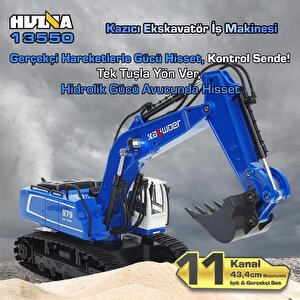 Huina Kaliwo 13550 1/18 11ch Kazıcı Ekskavatör İş Makinesi İnşaat Uzaktan Kumandalı Rc Model Metal Kepçeli Mavi - 2.4ghz Gerçekçi