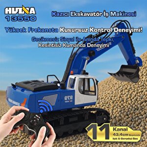 Huina Kaliwo 13550 1/18 11ch Kazıcı Ekskavatör İş Makinesi İnşaat Uzaktan Kumandalı Rc Model Metal Kepçeli Mavi - 2.4ghz Gerçekçi