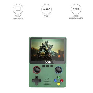 X6 Yeşil 4000+ Klasik Oyunlu 3.5 İnç Ips Ekran Kablosuz Atari Retro Oyun Konsolu