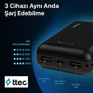 Ttec Recharger 10000mah Taşınabilir Usba Ve Type-c Taşınabilir Hızlı Powerbank Display Box Siyah 2bb263s