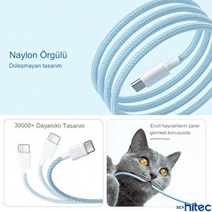 Schitec 240w 3metre Type-c To Type-c Örgülü Hızlı Data Ve Şarj Kablosu Beyaz Tc35