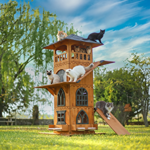 “mandu” Ahşap 4 Katlı Teraslı Kedi Evi (tırmalama + Mama Kaplı)