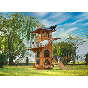 “mandu” Ahşap 4 Katlı Teraslı Kedi Evi (tırmalama + Mama Kaplı)