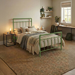 Odin Tek Kişilik Metal Karyola-yeşil (ahşap Latali)