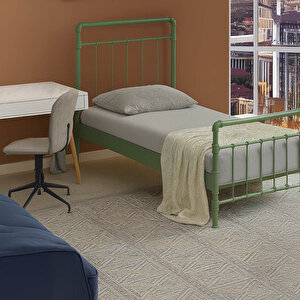 Odin Tek Kişilik Metal Karyola-yeşil (ahşap Latali) 120x200 cm
