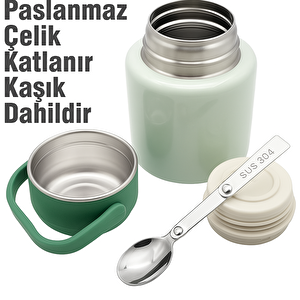 Çelik Mama Termosu Sıcak Veya Soğuk Yiyecekler Için Öğle Yemeği Termosu 500 Ml, Yeşil Yeşil