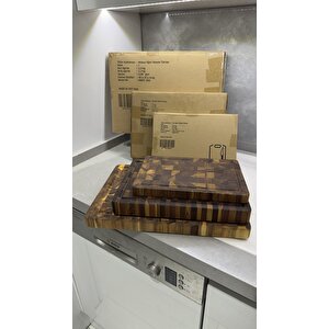 3lü Chef Kesme Tahtası Seti Akasya-tik Ağacı Endgrain Doğrama Tahtası Sunum Tahtası