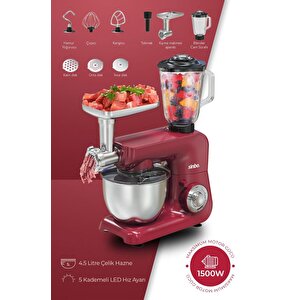 Smx-2775 Çok Amaçlı 3ın1 Mutfak Şefi Hamur Yoğurma Kıyma Makinesi Sürahi Blender 1500w Kırmızı