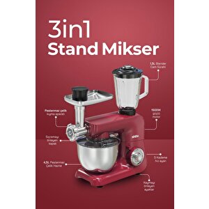Smx-2775 Çok Amaçlı 3ın1 Mutfak Şefi Hamur Yoğurma Kıyma Makinesi Sürahi Blender 1500w Kırmızı