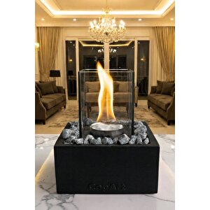 Quadrata Siyah Biyoetanol Masaüstü Şömine - 1 Lt Yakıt Ve Dekoratif Taş Hediye