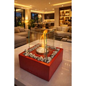 Quadrata Kırmızı Biyoetanol Masaüstü Şömine - 1 Lt Yakıt Ve Dekoratif Taş Hediye