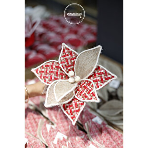 Yapay Kazayağı Desenli Jüt Detaylı Ponsetya Kırmızı Krem 25 Cm