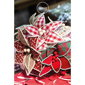 Yapay Kazayağı Desenli Jüt Detaylı Ponsetya Kırmızı Krem 25 Cm