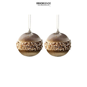 Yılbaşı Süsü Taşlı İncili 2'li Top Şampanya 10 Cm