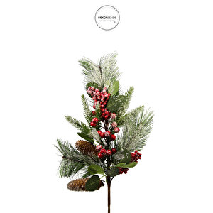 Kar Efektli Çam Dalı Kozalaklı Kırmızı Berry Yılbaşı Süsü Yeşil Kahve 35 Cm