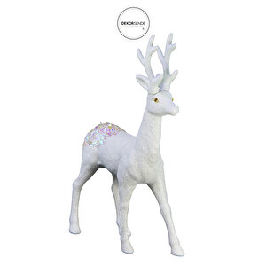 Yılbaşı Süsü Simli Kalın Boynuzlu Geyik Biblo Beyaz 33 Cm