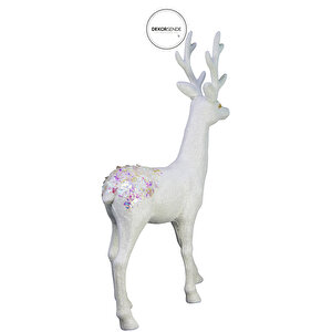 Yılbaşı Süsü Simli Kalın Boynuzlu Geyik Biblo Beyaz 33 Cm