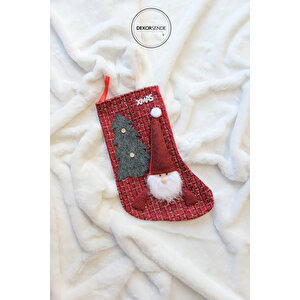 Yılbaşı Süsü Kırmızı Bereli Noel Baba Figürlü Xmas Çorap Kırmızı 40 Cm