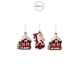 Yılbaşı Süsü 3'lü Noel Baba Ve Ev Kırmızı 6 Cm