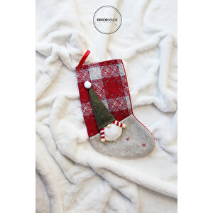 Yılbaşı Süsü Kareli Yeşil Bereli Noel Baba Figürlü Çorap Kırmızı Yeşil 45 Cm