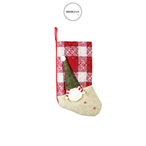 Yılbaşı Süsü Kareli Yeşil Bereli Noel Baba Figürlü Çorap Kırmızı Yeşil 45 Cm
