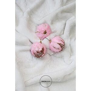 Yılbaşı Süsü Tüylü Simli 3'lü Top Pembe 8 Cm