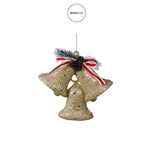 Yılbaşı Süsü Simli Kozalaklı Üçlü Çan Şampanya 12 Cm