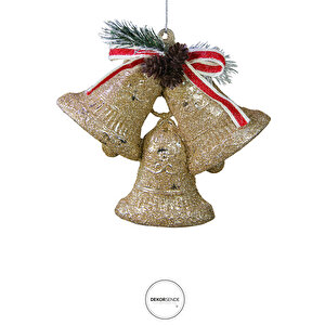 Yılbaşı Süsü Simli Kozalaklı Üçlü Çan Şampanya 12 Cm