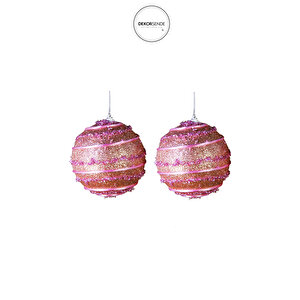 Yılbaşı Süsü Şeritli Simli 2'li Top Pembe 11 Cm