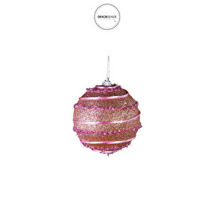 Yılbaşı Süsü Şeritli Simli 2'li Top Pembe 11 Cm