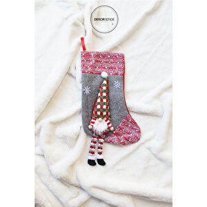 Yılbaşı Süsü Ekose Şapkalı Noel Baba Çorap Gri 60 Cm