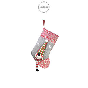 Yılbaşı Süsü Ekose Şapkalı Noel Baba Çorap Gri 60 Cm