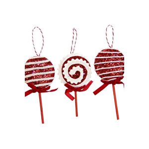 Yılbaşı Süsü 3 Lü Lolipop Kırmızı 15 Cm
