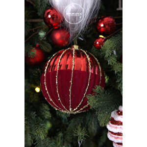 Yılbaşı Süsü Altın Şeritli Dilimli Top Kırmızı 15 Cm