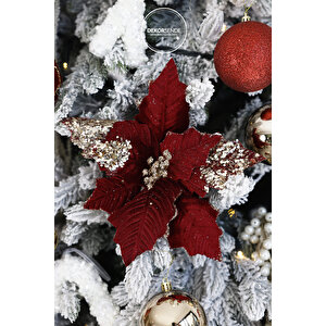 Yapay Taşlı Kadife Ponsetya Bordo 25 Cm