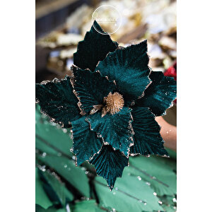 Yapay Kadife Simli Ponsetya Yeşil 20 Cm