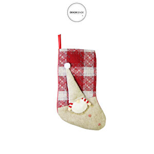 Yılbaşı Süsü Kareli Krem Bereli Noel Baba Çorap Kırmızı 40 Cm