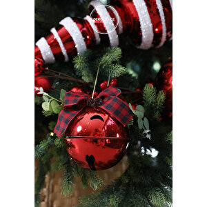 Yılbaşı Süsü Ekose Kurdeleli Çıngırak Top Kırmızı 15 Cm