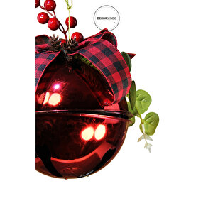 Yılbaşı Süsü Ekose Kurdeleli Çıngırak Top Kırmızı 15 Cm