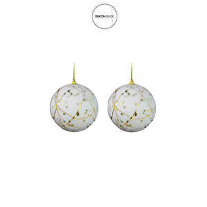 Yılbaşı Süsü Yıldız Desenli 2 'li Top Beyaz Altın 10 Cm