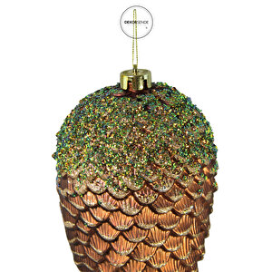 Yılbaşı Süsü Yeşil Simli Çam Kozalağı Bronz 12 Cm