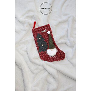 Yılbaşı Süsü Yeşil Bereli Noel Baba Figürlü Xmas Çorap Kırmızı 40 Cm