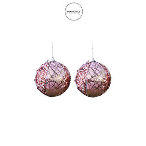 Yılbaşı Süsü Işıltılı Çizgili 2'li Top Pembe 10 Cm